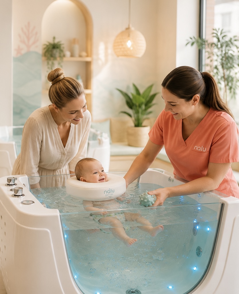 A relaxed baby enjoying a hydrotherapy session in a bright Nalu studio with a coral-uniformed physiotherapist and a smiling parent nearby